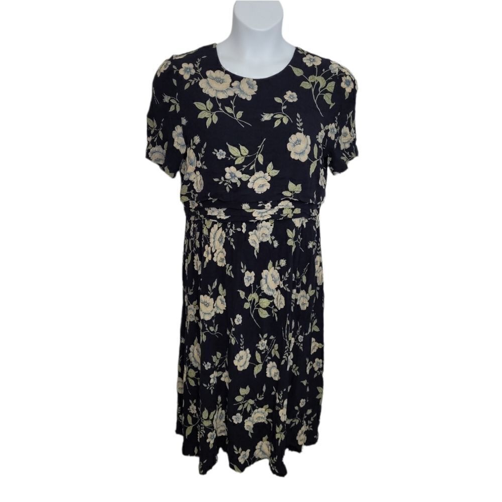 VINTAGE 90s dress navy blue floral short sleeve crinkle rayon midi M